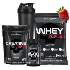 Imagem de Combo Whey Protein Turbo + Creatina + Bcaa Kit Black Skull