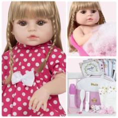 Imagem de Boneca Tipo Reborn Menina Loira Pode Banho Enxoval Completo - Cegonha