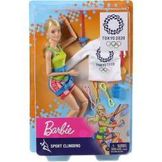 Imagem de Boneca Barbie Climber das s de Tóquio com uniforme, jaqueta, medalha, arnês e clipes (maiores de 3 anos)