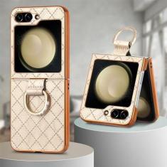 Imagem de Capa de telefone de couro com padrão de diamante galvanizado para Samsung Galaxy Z Flip 5 Flip5 5G Suporte de anel capa dura à prova de choque, bege, para Galaxy Z Flip5