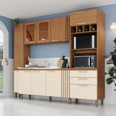 Imagem de Cozinha Compacta Beatriz 2 Fornos com Vidro Espresso Móveis Marrom e Off White