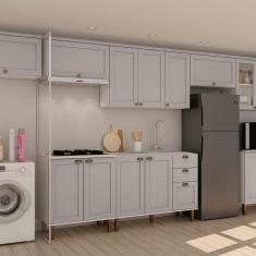 Imagem de Cozinha Modulada Completa com Aérea de Serviço Integrada 100% Mdf com Tampo Impermeável Branco/Cinza