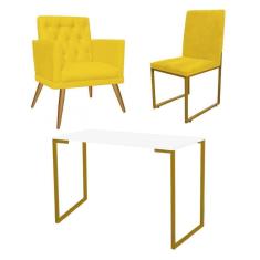 Imagem de Kit Escritório Stan Poltrona Maria e Cadeira e Mesa Industrial Branco Dourado Corino Amarelo - Ahz Móveis