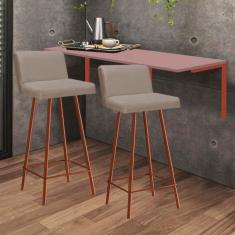 Imagem de Kit Mesa Suspensa de Parede Fixa MDF Rosa + 2 Banquetas Lexi Ferro Bronze Sintético Bege - Ahazzo Móveis