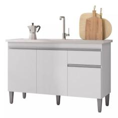 Imagem de Balcão Para Lavanderia 120cm Tatiane 3 Portas 1 Gaveta Com Tampo Cor Branco - Ajl