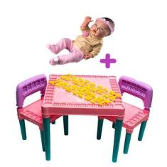 Imagem de Kit Mesa Educativa Infantil + Boneca Bebê Reborn Menina Rosa - Tritec