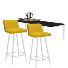 Imagem de Kit Mesa Suspensa de Parede Fixa MDF Preto + 2 Banquetas Lexi Ferro Branco Corino Amarelo - Ahazzo Móveis