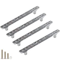 Imagem de ESreake Pacote com 4 maçanetas de armário de cristal com strass, puxadores de gaveta de cômoda brilhante decorada moderna para portas de armário de guarda-roupa (pacote com 4, orifícios centrais de