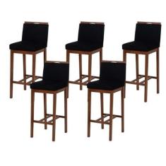 Imagem de Kit 5 Banqueta Bistrô Berlim Pé Alto em Madeira Maciça de Eucalipto Verniz Veludo marrom e preto