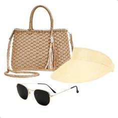 Imagem de Kit Bolsa de Palha Feminina + Viseira Para Sol + Óculos de Sol Para Praia Verão Moda (Bege+Preto)