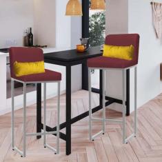 Imagem de Kit 02 Banqueta Alta com Encosto Lucca Industrial Cozinha Balcão Ferro Cinza Suede Bordô e Almofada Amarelo - Ahazzo Móveis