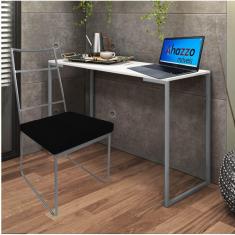 Imagem de Kit Escritório Stark Cadeira e Mesa Industrial Ferro Cinza Tampo MDF Branco Corino Preto - Ahz Móveis