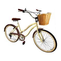 Imagem de Bicicleta Aro 26 Vintage Retrô Com Cesta Vime 6 Marchas Bege - Maria C