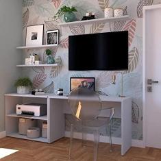 Imagem de Conjunto Home Office com Escrivaninha, Estante Baixa e 3 Prateleiras Bramov Cinza Cristal