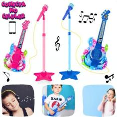 Imagem de Microfone e Guitarra Infantil Musical Som Luzes Pedestal Conecta No Ce