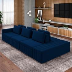 Imagem de Sofá Ilha com Encosto e Almofadas Móveis Olimpo 395cm Modulado Veludo Azul Marinho G45 - Gran Belo