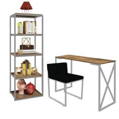 Imagem de Kit Escritório Bex 1 Cadeira Suede Preto com 1 Mesa e 1 Livreiro Ferro Cinza MDF Caramelo - Ahazzo Móveis