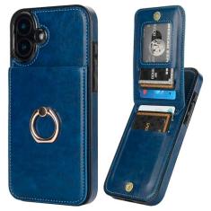 Imagem de KIHUWEY Capa carteira para iPhone 16 Plus com suporte para cartão de crédito, anel de rotação de 360° couro PU fecho magnético suporte capa protetora resistente para mulheres e homens 6,7 polegadas