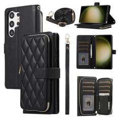 Imagem de Furiet Capa carteira para Samsung Galaxy S24 Ultra 5G com alça de pulso, alça de ombro transversal, mais de 9 compartimentos para cartões, bolsa com zíper, capa de celular de couro PU de luxo para