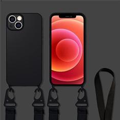 Imagem de Capa de colar com alça de corda de cordão crossbody para iPhone 11 12 13 14 15 Pro Max Mini XS X XR 7 8 Plus SE Capa de silicone líquido, preta, para iPhone 12 Pro