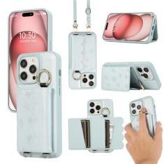 Imagem de Capa de telefone com cordão crossbody para iPhone 15 14 Plus 13 12 11 Pro Max Carteira com suporte para cartão Capa protetora de couro, azul, para iPhone 15