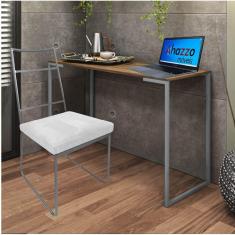 Imagem de Kit Escritório Stark Cadeira e Mesa Industrial Ferro Cinza Tampo MDF Carvalho Corino Branco - Ahz Móveis