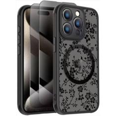 Imagem de SEXYMOM Capa magnética para iPhone 15 Pro com capa para câmera e protetor de tela - Design floral para mulheres e meninas - Compatível com carregamento sem fio, capa de telefone fosca de ajuste fino -