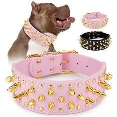Imagem de Coleira de cachorro larga com spikes dourados, coleiras de corrente para cães Epesiri, coleiras para cães de couro PU com rebite de cogumelo, coleira para animais de estimação com spike durável ajustável para Pitbull Mastim Bulldog Pugs Husky Rottweiler
