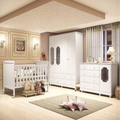 Imagem de Quarto de Bebê Completo Guarda Roupa 4 Portas Cômoda com Janelas 4 Berço 2 em 1 Espresso Móveis Branco Brilho