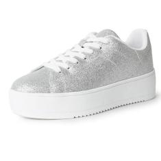 Imagem de J. Adams Hero Platform Tênis feminino casual com cadarço moderno, Glitter prata fino, 35