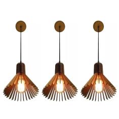 Imagem de Kit 3 Pendente Madeira Cone 21X20cm Natural Bivolt