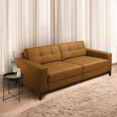 Imagem de Sofá Decorativo Bruno 3 Lugares Sala de estar 210cm Pés em Madeira Couro Caramelo Manchado G88 - Gran Belo