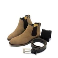 Imagem de Bota Botina Chelsea Texas Gold em Couro Camurça Taupe Masculina + Carteira + Cinto