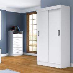 Imagem de Quarto Solteiro com Guarda Roupa 2 Portas e Cômoda 6 gavetas Evidência Móveis Branco