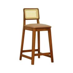 Imagem de Banqueta Gabi Madeira Maciça Encosto Telinha C- 68cm Altura - Amêndoa Assento Estofado Corano Caramelo