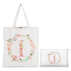 Imagem de boutikpro Sacola de lona com inicial personalizada com bolsa cosmética, monograma floral, presente para mulheres, dama de honra, casamento, Branco