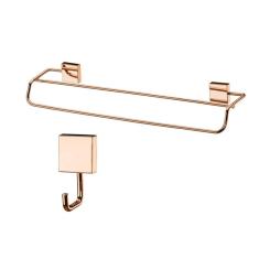 Imagem de Kit banheiro lavabo 2 peças rosé gold Future toalheiro banho duplo e cabide gancho