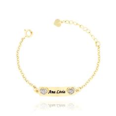 Imagem de Pulseira Infantil Personalizada Corações Cravejados Com Placa Banhado Em Ouro 18k