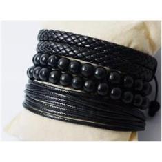 Imagem de Pulseira Masc Fem Couro Madeira Corda Preta Kit 4 Peças