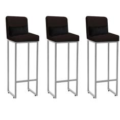 Imagem de Kit 03 Banqueta Alta com Encosto Lucca Industrial Cozinha Balcão Ferro Cinza Suede Marrom e Almofada Preto - Ahazzo Móveis