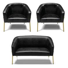 Imagem de Sofá Namoradeira E 2 Poltronas Pé De Ferro Dourado Stella Corano Preto D03 - D'rossi