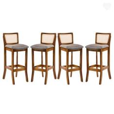 Imagem de Rio Madeira, Kit 4 Banquetas Alta com Encosto em Rattan Portugal Estofado Linho Cinza L55 RMI