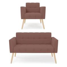 Imagem de Kit 1 Sofá Namoradeira E 1 Poltrona Elisa Veludo Rosê Pés Palito Natural - D`rossi