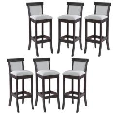Imagem de Kit 6 Banquetas Alta Estofada Encosto Mônaco 36x100Cm Madeira Maciça L