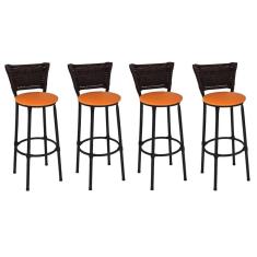Imagem de Kit 4 Banquetas Médias Preta com Encosto Junco Argila Assento Laranja