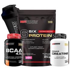 Imagem de Kit Six Protein 2kg + BCAA 4,5 100g + Power Creatina 100g + Coqueteleira – Bodybuilders Sabor: Morango