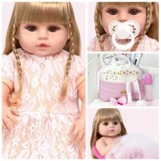 Imagem de Boneca Reborn Silicone Loira Vestido Salmão Enxoval Itens - Cegonha Re