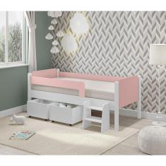 Imagem de Cama Solteiro Com 2 Baus Organizador E Escada Luna Plus Branco Com Rosa - Cor: Branco