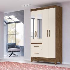 Imagem de Guarda Roupa Solteiro 4 Portas Com Espelho 2 Gavetas Castanho Wood - Off White Madri - Moval