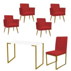 Imagem de Kit Escritório Stan 4 Poltronas Rodapé com Cadeira e Mesa Industrial Branco Dourado Tecido Sintético Vermelho - Ahz Móveis